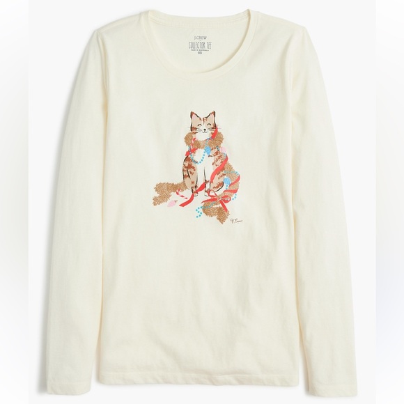 J. Crew Tops - J. Crew Cream Cat Graphic Long Sleeve Tee
